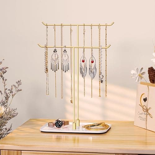 Josmimic Necklace Holder jewellery Stand Organizer for Necklaces and Bracelets, Metal Display Stand, Gift for Women, Ideal for Home, Bedroom, or Vanity, Gold thumbnail 4