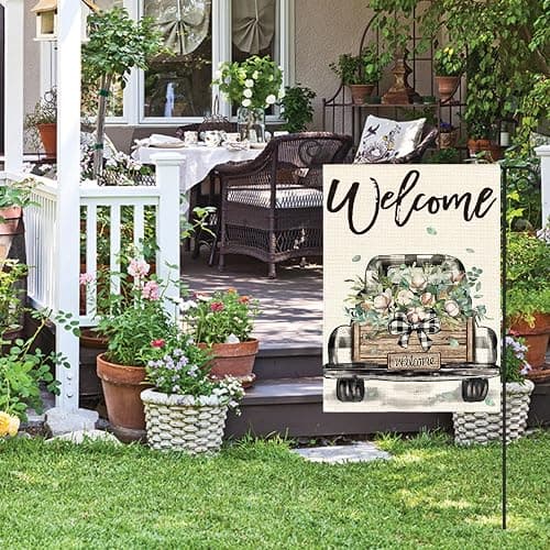 AVOIN colorlife Welcome Spring Truck Garden Flag 12x18 Inch Double Sided, Cotton Rustic Buffalo Plaid Yard Outdoor Flag - Garden Size-12 x 18" thumbnail 4