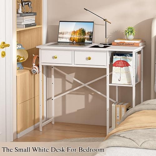 DAOUTIME White Computer Desk, 36 Inch Small Desk with Drawers, Home Office Desk with Storage Shelves for Bedroom, Living Room, Dorm, Vanity Desk for Small Spaces, White thumbnail 6