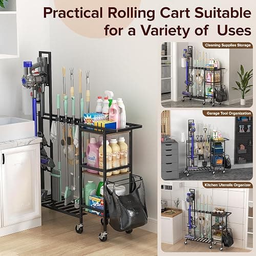 Housolution Cleaning Utility Cart on Wheels, Multifunctional Cleaning Tools Supplies Organizer with Broom and Mop Holder, Vacuum Stand Compatible with Dyson, Rolling Storage Cart for Home thumbnail 8