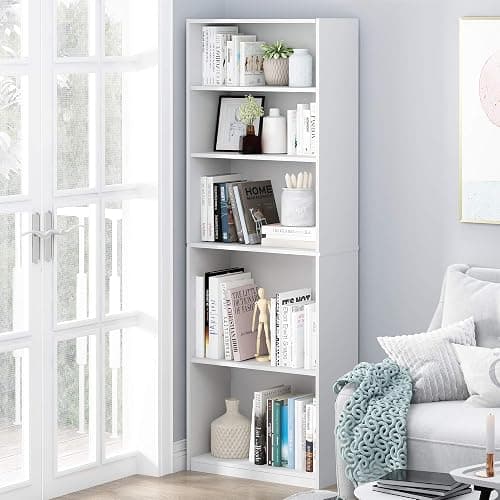 Furinno JAYA Book Shelf, 5-Tier Bookshelf, Bookcase with Adjustable Shelves, 9.5 x 24.5 x 71.2, for Organization and Storage, for Living Room, Bedroom, Home Office, White thumbnail 2