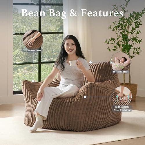 Giant Plush Bean Bag Chair for Adults with Armrests - Oversized Comfy Khaki Beanbag Lounge Lazy Floor Sofa Chair for Living Room, Bedroom & Dorm, Cozy Fluffy Single Cloud Mini Couch - XL Sofa Chair - Khaki thumbnail 4