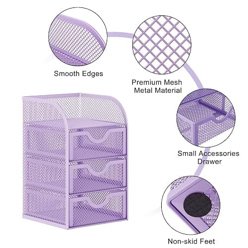 EasyPAG Mesh Desk Organizer with 3 Drawer Office Desktop Organizers and Accessories Stationery Caddy for Office, Home, Students, Purple thumbnail 5