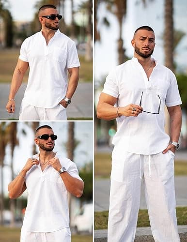 COOFANDY Men's 2 Pieces Cotton Linen Set Casual Short Sleeve Henley Shirts Beach Yoga Pants Summer Outfits thumbnail 3