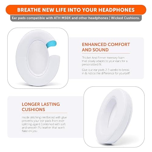 WC Wicked Cushions PadZ - Thick & Soft Ear Pads for ATH M50X / M40X / SteelSeries Arctis/HyperX Cloud & Alpha/Logitech G Pro X/Compatible with Over 50 Headphones | White thumbnail 3