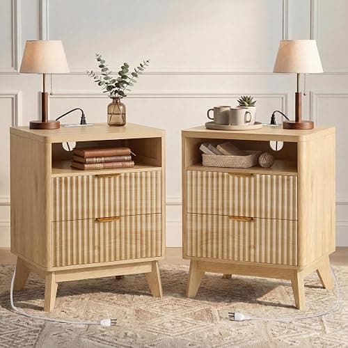LYNCOHOME Fluted Nightstand with Charging Station, 19.7 inch Wide End Table with 2 Drawers, Modern Wood Bedside Table for Bedroom, Night Stand Set of 2,Natural - Image 1