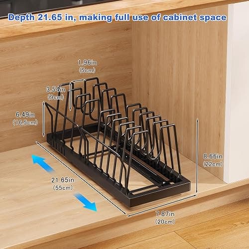 Mustorn 2 Pack Pots and Pans Organizer Under Cabinet, 21.6" Deep Pull Out Pot Lid Organizer Holder with Guardrail Adhesive Pot and Pan Holder Rack with 10 Adjustable Dividers(Black) thumbnail 2