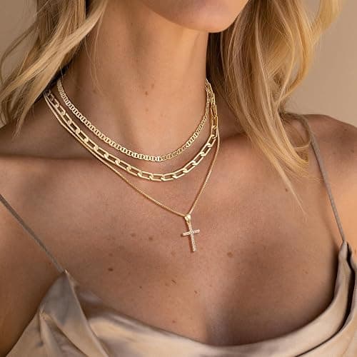 DIFOMI Layered Cross Necklaces for Women, Dainty 14K Gold/Sterling Sliver Plated Cross Necklace Cubic Zirconia Cross Pendant Simple Cuban Figaro Chain Long Snake Necklace Jewelry Gift for Women Trendy thumbnail 4