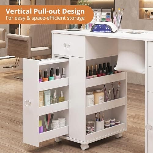 VOWNER Manicure Table Nail Tech Desk with Dust Collector & Storage Drawers | Acetone-Resistant Nail Table, Beauty Salon Station with Dust Bags & Cabinet, Rolling Nail Desk with Lockable Wheels, White thumbnail 4