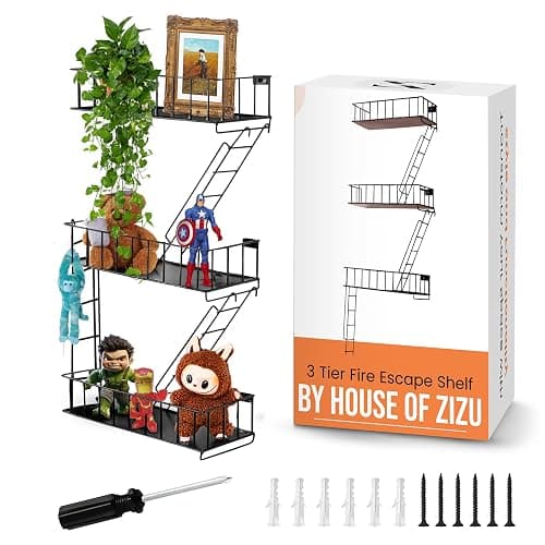 HouseofZizu Fire Escape Shelf, 3 Tier Action Figure Shelf with Screws & Screwdriver, New York Metal Decorative and Unique Rustic Trinket Shelves for Home Décor, & Bedroom, Black - Image 1