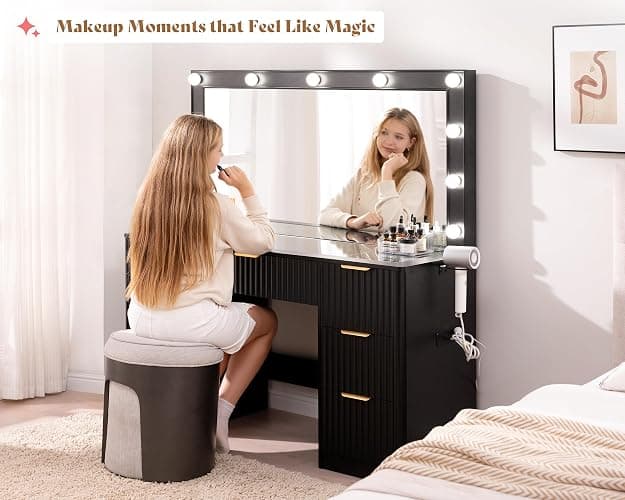 AMERLIFE 47.2" Fluted Vanity Desk with Large Mirror and Adjustable LED Lights, 7 Drawers Large Makeup Vanity Table with Glass Top and Charging Station for Women and Girls, Bedroom or Dorm, Black thumbnail 4