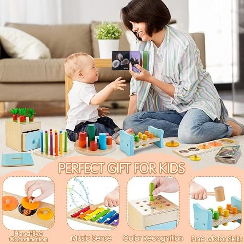 WOODMAM Wooden Montessori Toys for 1+ Year Old, 9 in 1 Learning Educational Toys for Toddler with Educational Box, Xylophone, Pound Bench, Shape Puzzle and More, Baby Toy Gift for 12-18 Months thumbnail 3