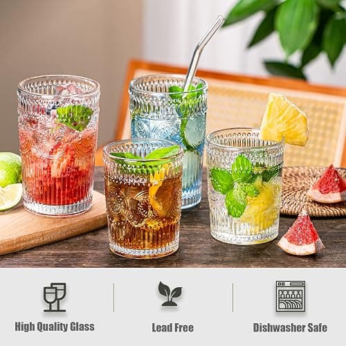 wookgreat Vintage Drinking Glasses Set of 12, Textured Clear Striped Glass Cups-6 Highball Glasses 13oz & 6 Rocks Glasses 10oz, Ribbed Glassware Set, Mojito Cups, Cocktail Glass, Iced Coffee Cup thumbnail 5