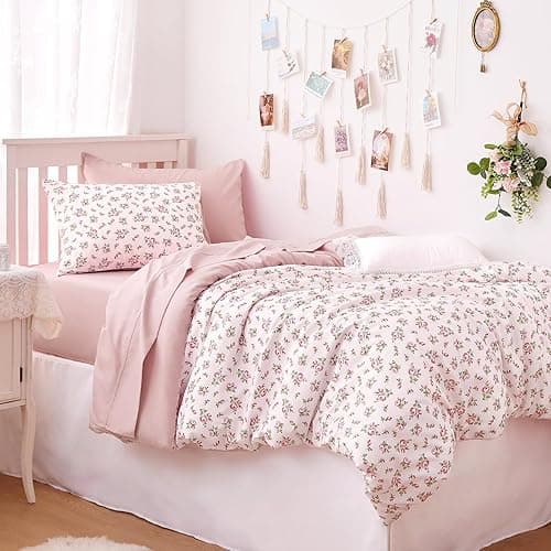 Wake In Cloud - Floral Comforter Set, Coquette Cottagecore Aesthetic Flower Shabby Chic Pattern for Women Teen Girls, Soft Lightweight Bedding, 3 Pieces, Pink, Twin/Twin XL Size - Twin/Twin XL - Pink thumbnail 5