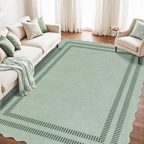 LORWER Washable 8x10 Rugs for Living Room Bedroom, Non-Slip Sage Green Indoor Carpet for Dining Room Office, Ultra Thin Scalloped Soft Carpets for Kids Nursery Playroom thumbnail 3