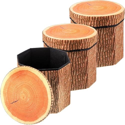 Amylove 3 Pack Tree Stump Storage Stool 12 x 12 Inch Stool Ottoman, Cute Folding Storage Toy Box with Foam Cushion, Collapsible Seat Chest (Classic) - Image 1
