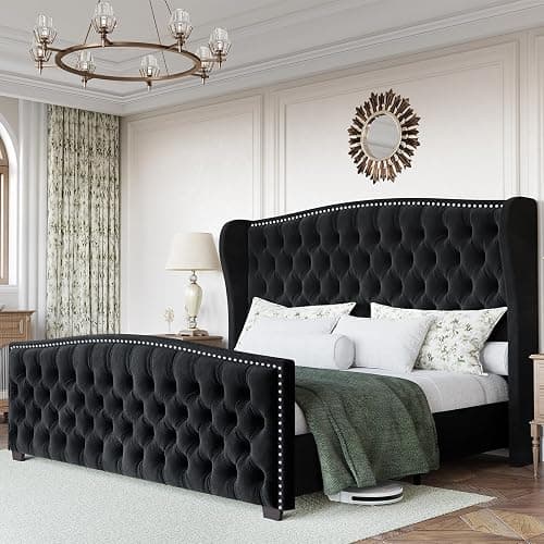 Jocisland Queen Platform Bed Frame with Wingback Headboard, Velvet Upholstered Bed Frame with Handmade Button Tufted & Nailhead, Wooden Slats Support, Black - Image 1