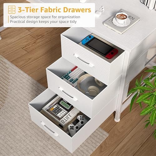 DLisiting White Computer Desk with Hutch & Drawers - Office Desk with 3 Storage Drawers and Power Outlets, 47 Inch Modern Study Writing Desk for Bedroom Home Office thumbnail 6