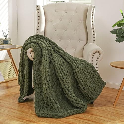 WESHIONGOO Chunky Knit Blanket Throw 51"×63" Knitted Throw Blankets for Couch Bed Fluffy Soft Blanket with Jumbo Chenille Yarn Thick 100% Handmade (Olive Green) thumbnail 6