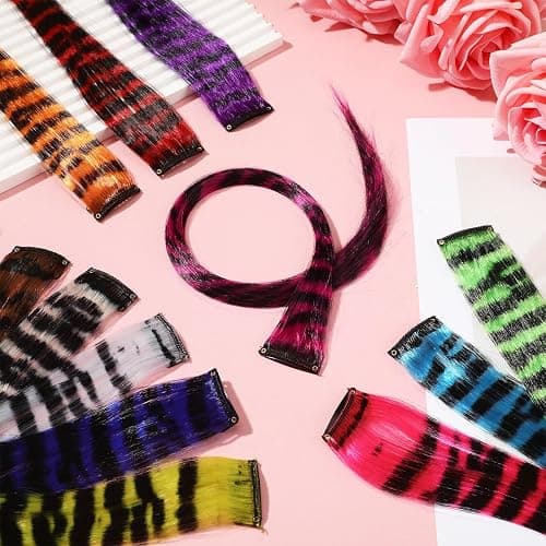 Suncalla 12 Pcs Stripe Printed Wig Piece Colorful Raccoon Tail Hair Extensions Synthetic Long Straight Clip-in Hair Extensions for Women Daily Use Halloween(18") thumbnail 7