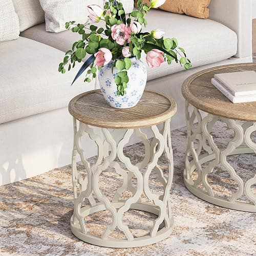 karlott Farmhouse End Table, 18.5'' French Country Round Side Table, Distressed Tray Top Side Table with Curved Motif Frame Base for Boho, End Tables Living Room, Bedroom, Small Space, Cream Beige thumbnail 4