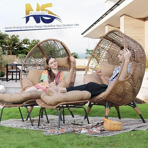 NICESOUL Egg Chair Indoor Outdoor, Large Egg Lounge Chair w/Ottoman, Oversized Comfy Cushioned Brid Cage Seat 440lbs, Boho Nest Seat with Footstool for Patio, Bedroom, Lawn, Backyard, Brown thumbnail 3