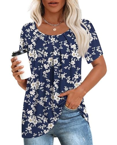 Anymeet Womens Summer Tops Casual Shirts Pleated Tunic M-3XL - Image 1