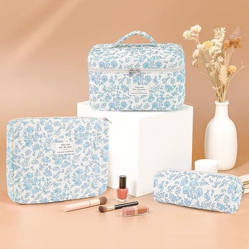 Givurao 3Pcs Cotton Quilted Makeup Bag for Women Girls, Large Floral Cosmetic Bag Set Cute Makeup Brushes Aesthetic Accessories Storage Bag Travel Toiletry Bag Organizer, Little Flower Blue thumbnail 2