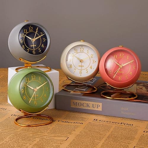 rjuwurv Metal Desk Clock, Retro Bedroom Table Vintage Analog Alarm Clock, Silent Non-Ticking Gold Clock, Bedside Décor(Olive-Green) thumbnail 6