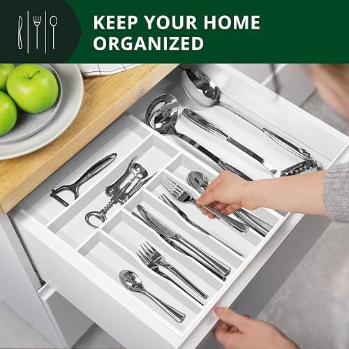 ROYAL CRAFT WOOD Luxury Bamboo Kitchen Drawer Organizer - Silverware Organizer - Utensil Holder and Cutlery Tray with Grooved Drawer Dividers for Flatware and Kitchen Utensils (7 Slot, White) thumbnail 4