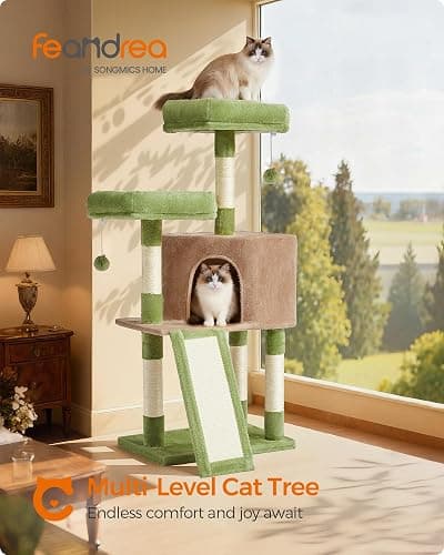 Feandrea Cat Tree, 45.3-Inch Cat Tower, Plush Condo with Scratching Post, Ramp, Perch, Spacious Cave, for Small Space, Grass Green and Camel Brown UPCT141CB03 thumbnail 2