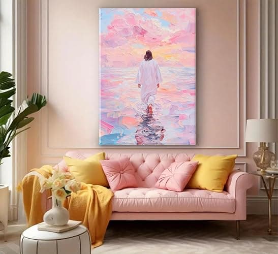Jesus Canvas Wall Art Pink Jesus Walks on Water Canvas Paintings Prints Religious Savior Wall Decor Christian Bible Stories Poster printing Artwork for Living Room Bedroom Church Decoration 12x16in thumbnail 8