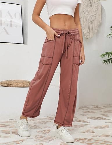 Athlisan Womens Baggy Barrel Pants Wide Leg Lounge Drawstring Sweatpants with Pockets thumbnail 4