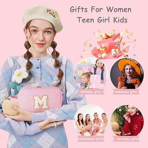 YOOLIFE Birthday Gifts for 4 5 6 7 8 9 10 11 12 13 14 Year Old Girl, Teen Girl Gifts Trendy Stuff, Initial Makeup Bag, Travel Toiletry Pouch, Pink M thumbnail 4