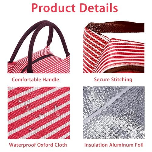 2PCS Lunch Bags Reusable Lunch Tote Bags Portable Lunch Cooler Bag Lunch Holder Insulated Lunch Box Bag for Picnic Office Beach (Green+Red) thumbnail 5