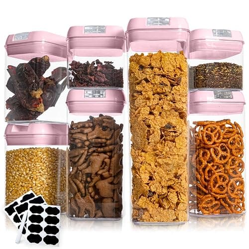 Cheer Collection Stackable Airtight Food Storage Containers - BPA Free Plastic Food Organizer for Pantry with Dry Erase Marker and Labels, Pink (Set of 7) - Image 1