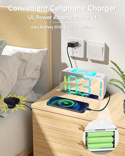 Vibrating Loud Alarm Clock with Bed Shaker, 15 RGB Colors & 7" Large Mirror Display,7-Color Nightlight,USB Charger,4 Dimmer,Battery Backup,Bedroom Clock for Heavy Sleeper Hearing Impaired Deaf Elderly thumbnail 6