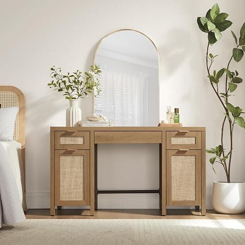 SICOTAS 52" Rattan Home Office Desk with 3 Drawers: Boho Executive Desk with 2 Storage Cabinets, Large Computer Writing Table for Study, Office, Living Room thumbnail 7