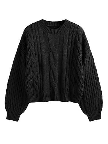 ZAFUL Women's Solid Knit Cable Sweater Casual Long Lantern Sleeve Pullover Crew Neck Knitted Tops - Image 1