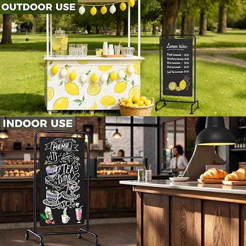 SELEAD Metal Swinging Chalkboard with Wheels - 40”x21” Large Rolling Menu Sign Board, Outdoor Indoor Double Sided Sidewalk Chalk Board Pizarra for Business, Event, Party thumbnail 4