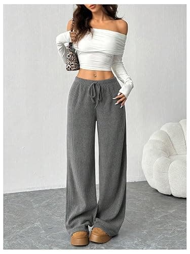 OYOANGLE Women's Ribbed Knit Drawstring Waist Straight Leg Pants Comfy Lounge Trousers thumbnail 5