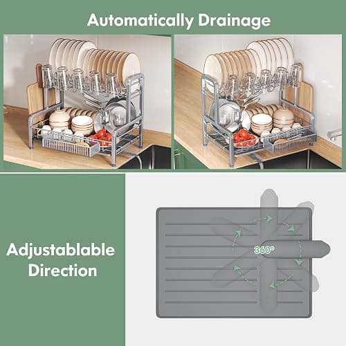 2 Tier Dish Drainers Drying Rack for Kitchen Counter Large Stainless Steel Dishes Drain with Drainboard, Space Saving, Big Modern Silver Countertop Metal Plates Dryer Strainer Holder and Extra Tray thumbnail 4