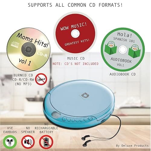 Deluxe Products CD Player Portable with 60 Second Anti Skip, Stereo Earbuds, Includes Aux in Cable and AC USB Power Cable for use at Home or in Car. Blue thumbnail 2
