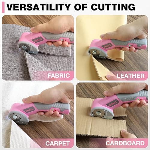 SHALL 4V Cordless Electric Scissors, Rechargeable Cardboard Cutter, Rotary Electric Box Cutter w/Safety Lock, LED Light & Replacement Blade for Fabric, Leather, Carpet, Cardboard & Plastic, Pink/Grey thumbnail 7