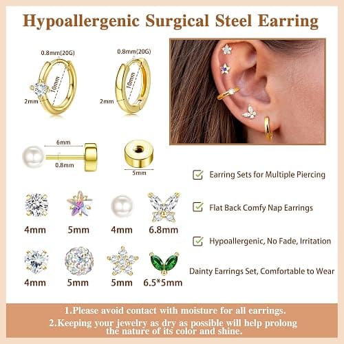 LOYALLOOK Gold Flat Back Earrings for Women Hypoallergenic Surgical Stainless Steel Earrings for Sensitive Ears Cartilage Earring Sets for Multiple Piercing Trendy Flatback Earrings Studs Small Hoop thumbnail 4