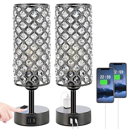 Hong-in Crystal Table Lamp Touch Control Set of 2, 3-Way Black Crystal Lamps with USB C+A Ports & AC Outlet, Dimmable Nightstand Desk Lamps,Modern Bedside Table Lamp for Bedroom(Bulbs Included) - Image 1