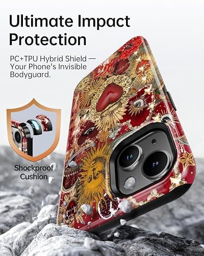 TAMUEL for iPhone 14 Case, Vintage Sacred Heart Sun Collage Phone Case, Compatible with Magsafe, Trendy Red Mosaic Celestial Evil Eye Magnetic Slim Shockproof Protective Women Girl Men Cover thumbnail 4
