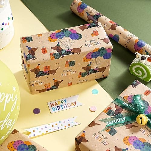 WRAPAHOLIC Kraft Dog Birthday Wrapping Paper Roll - Mini Roll - 17 Inch x 16.5 Feet - Dachshund Dog Wrapping Paper Perfect for Kids Boys Girls Birthday, Dogs Lover thumbnail 7