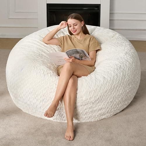 Hobestluk Bean Bag Chair Large Washable Soft Living Room Adult 5Ft White | No Assembly Required Memory Foam Filling Machine Washable Cover Bedroom Dorm Reading Gaming Fluffy Plush Faux Fur Fabric - Image 1