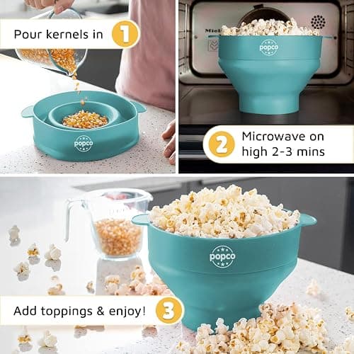 POPCO Silicone Microwave Popcorn Popper with Handles, Silicone Popcorn Maker, Collapsible Bowls, Dishwasher Safe - 15 Colors Available (AQUA) thumbnail 5